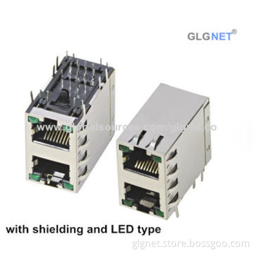 RoHS Directive-compliant RJ45 Jack, 2x1 Port, with or w/o Shielding and LED